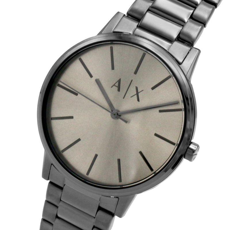 Angled view of Armani Exchange Cayde AX2722 watch showing grey dial and steel bracelet