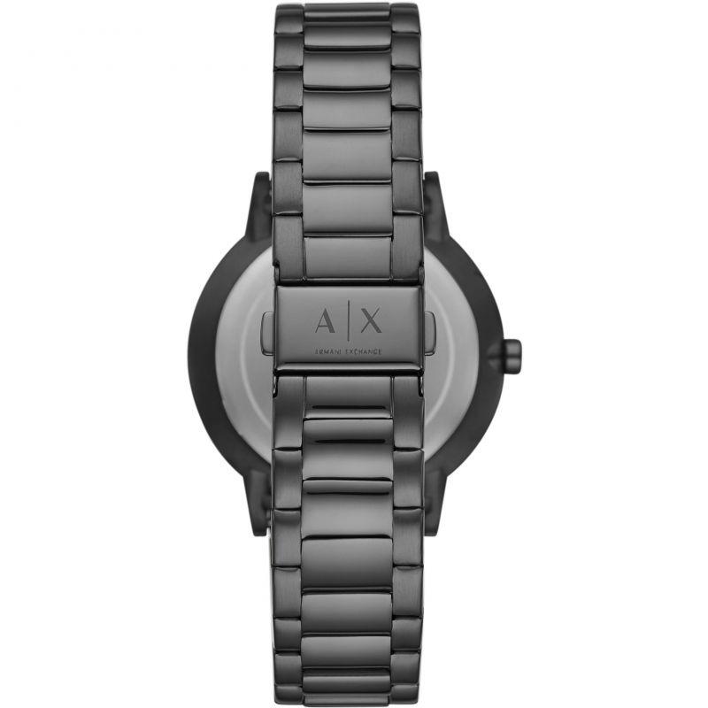 Side profile of Armani Exchange Cayde AX2722 watch with gunmetal steel bracelet