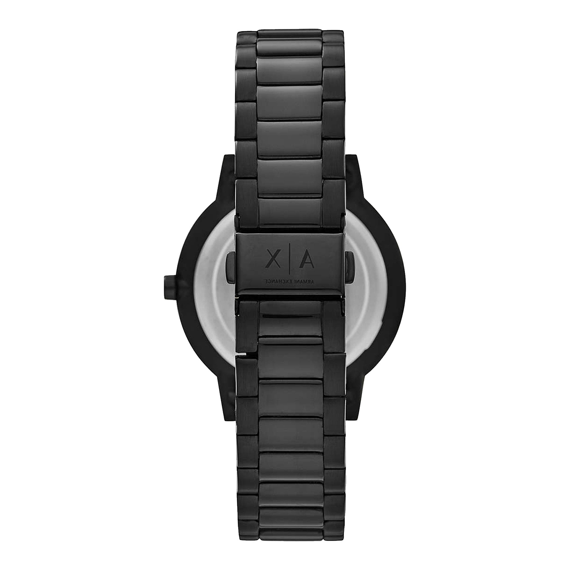 Armani Exchange Cayde watch viewed from the back showing black steel bracelet and case back