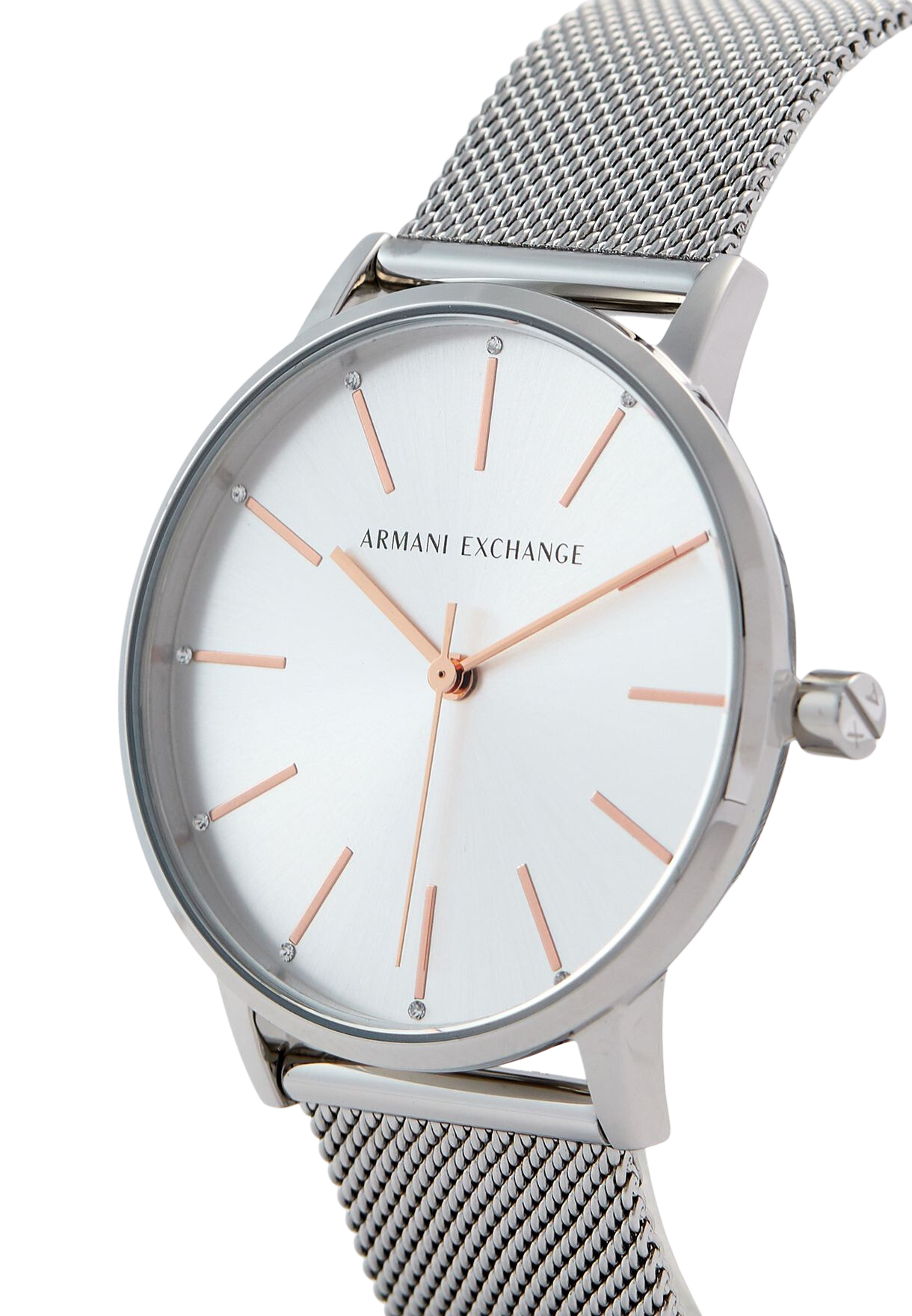 Armani Exchange Cayde watch angled view showing silver mesh strap and white dial face