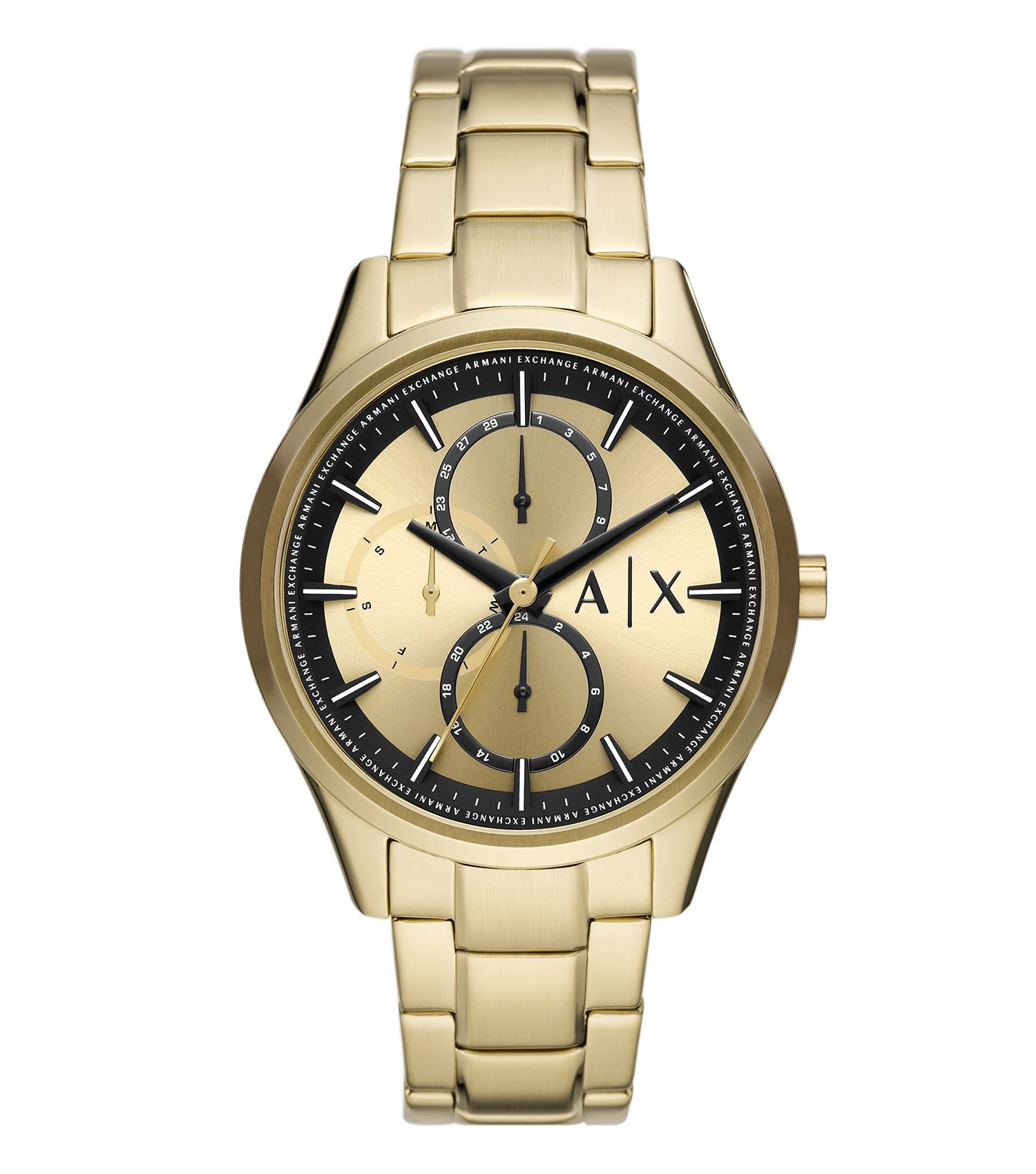 Armani Exchange Dante Chronograph gold watch with dual subdials and gold-tone bracelet