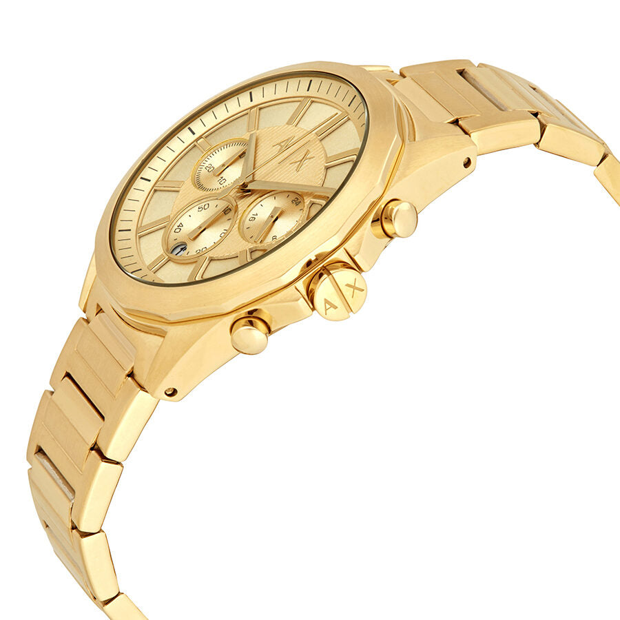 Armani Exchange Drexler gold chronograph watch shown at angle with gold bracelet