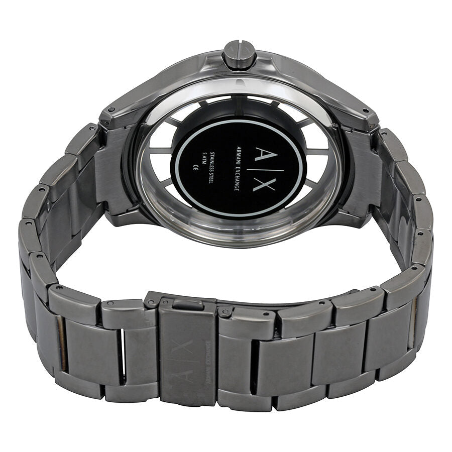 Caseback view of AX2188 displaying Armani Exchange branding and gunmetal bracelet