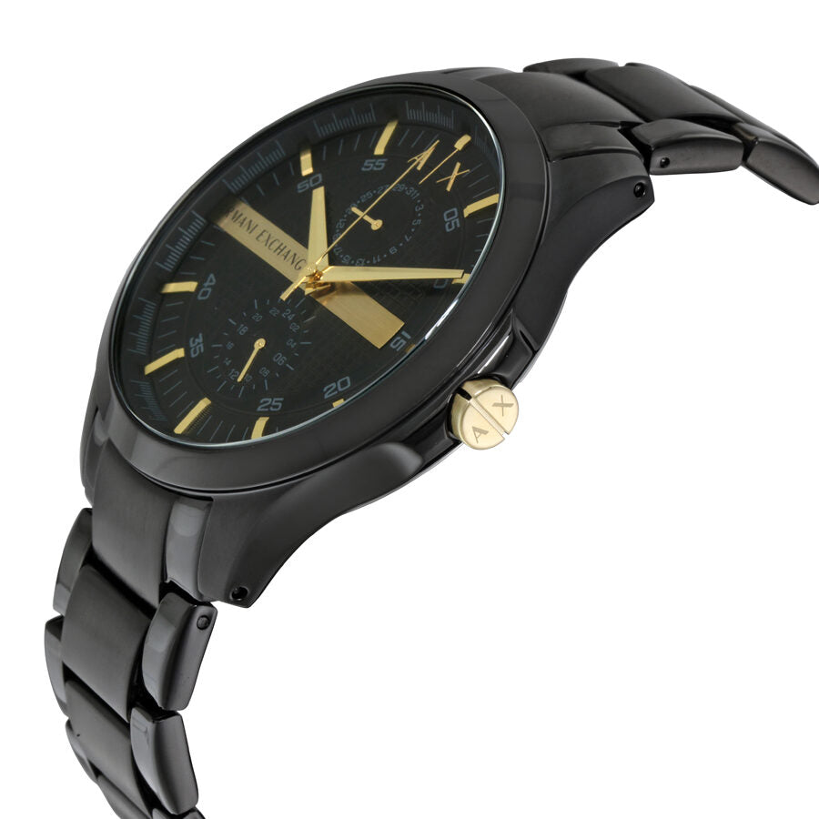 Armani Exchange Hampton AX2121 watch at angle showing black dial and gold-tone hands
