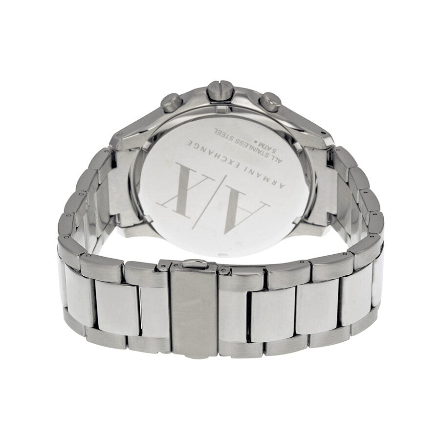 Back of Armani Exchange Hampton watch showing stainless steel case back and engraved branding