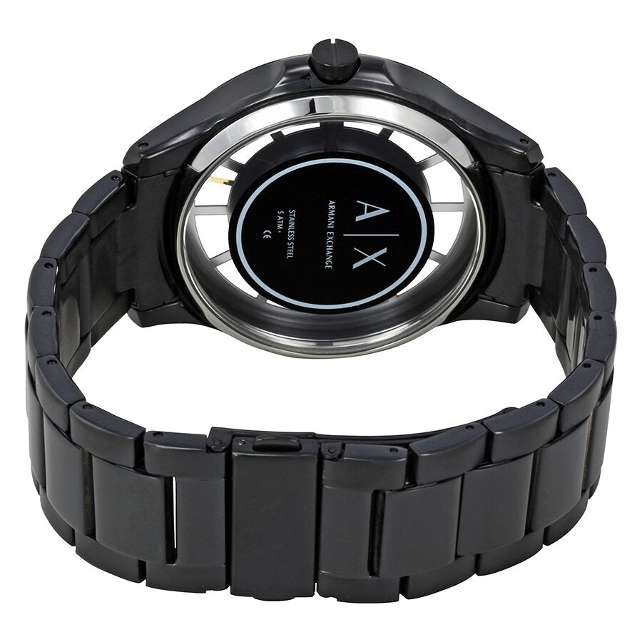 Back view of Armani Exchange Hampton watch showing black stainless steel case back and bracelet