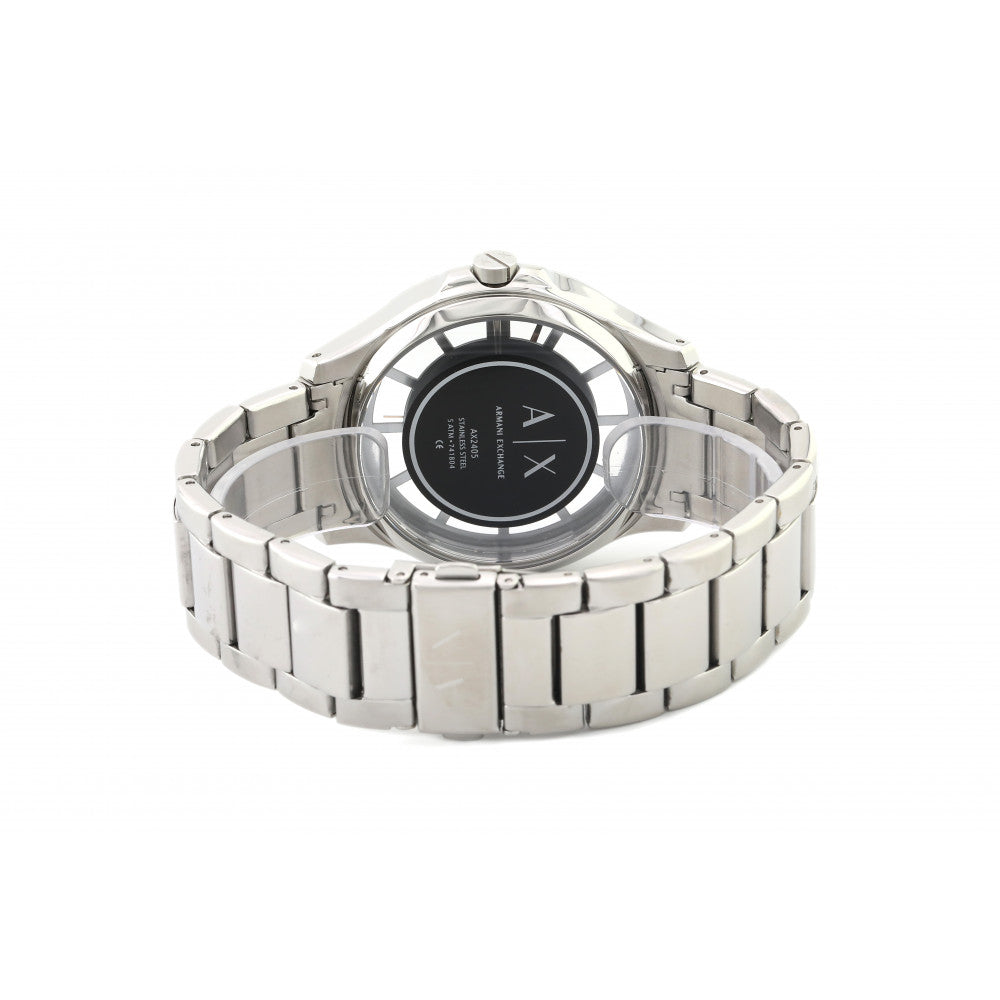 Caseback view of Armani Exchange Hampton watch showing metal bracelet and black dial