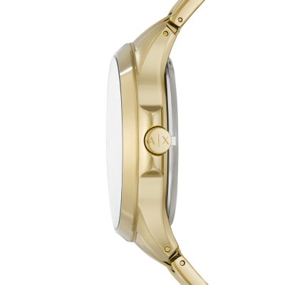 Side profile of Armani Exchange Hampton gold watch showing case and bracelet depth
