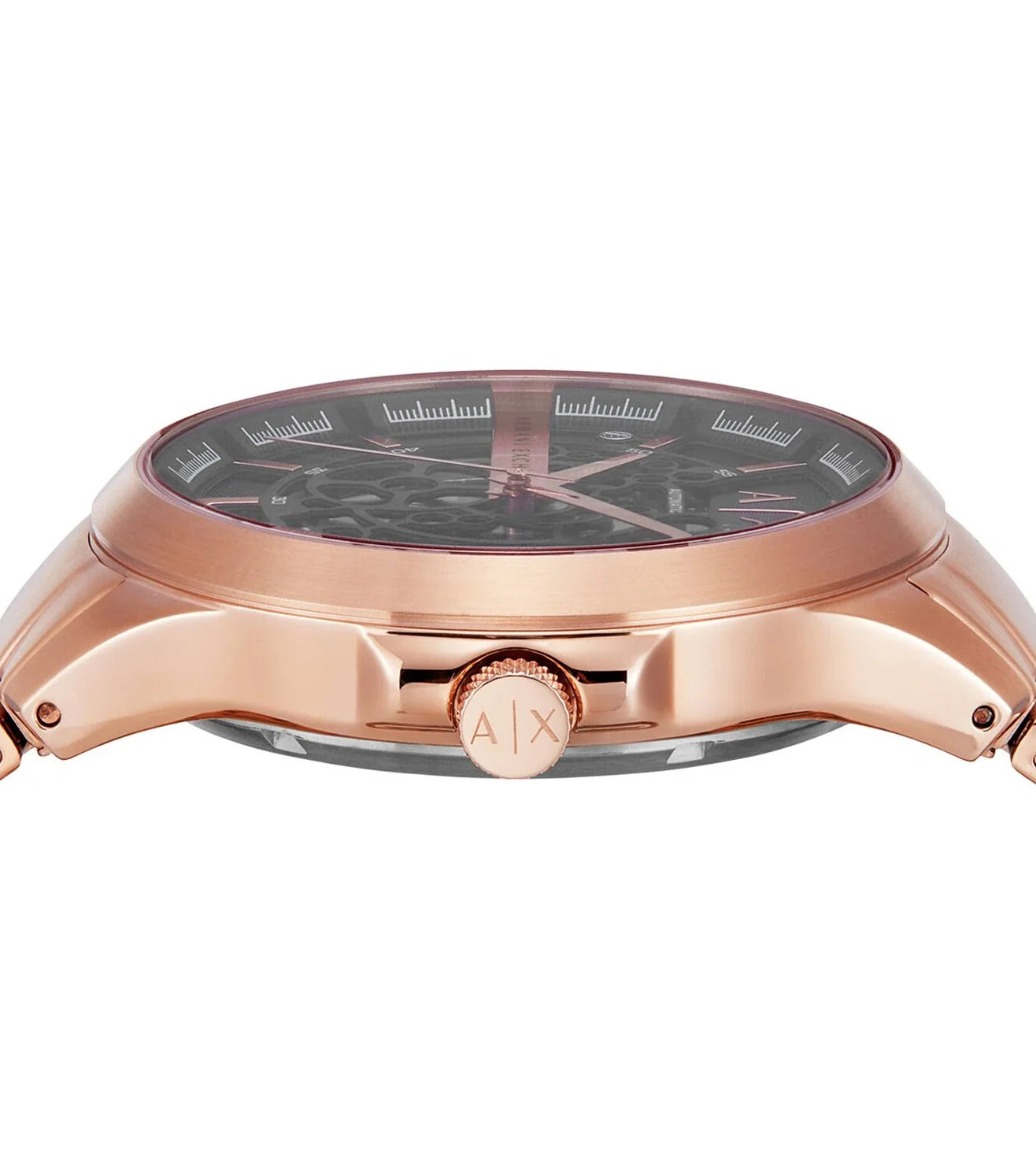 Close-up of Armani Exchange Hampton dial showing skeleton movement and rose gold bezel