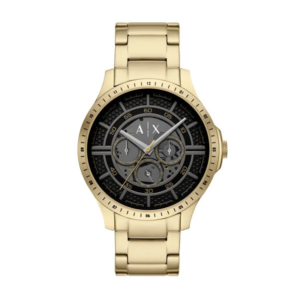 Armani Exchange Hampton men's watch with gold-tone case, black skeleton dial with subdials, and gold bracelet