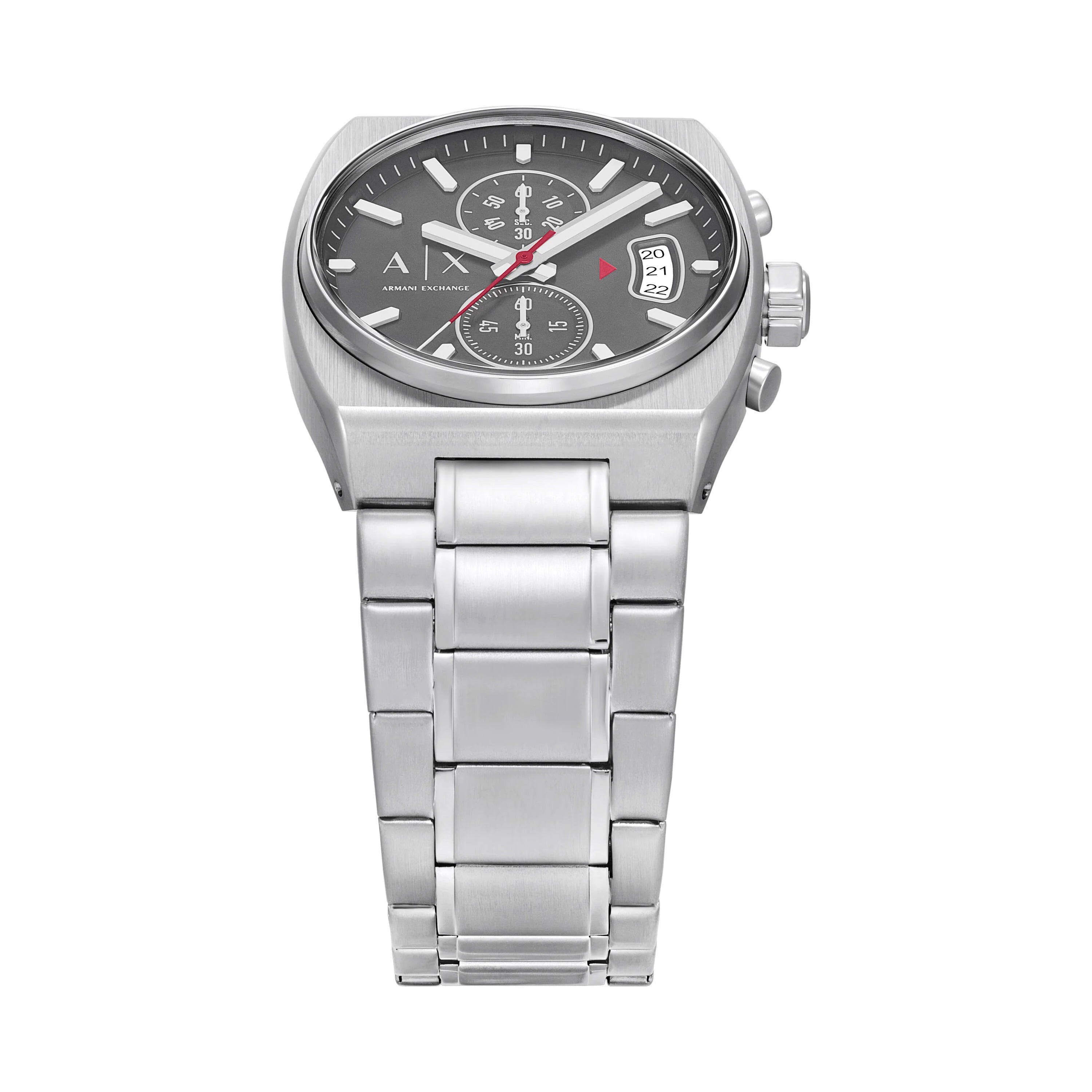 Armani Exchange Hampton AX2820 watch angled view showing grey dial and chronograph subdials
