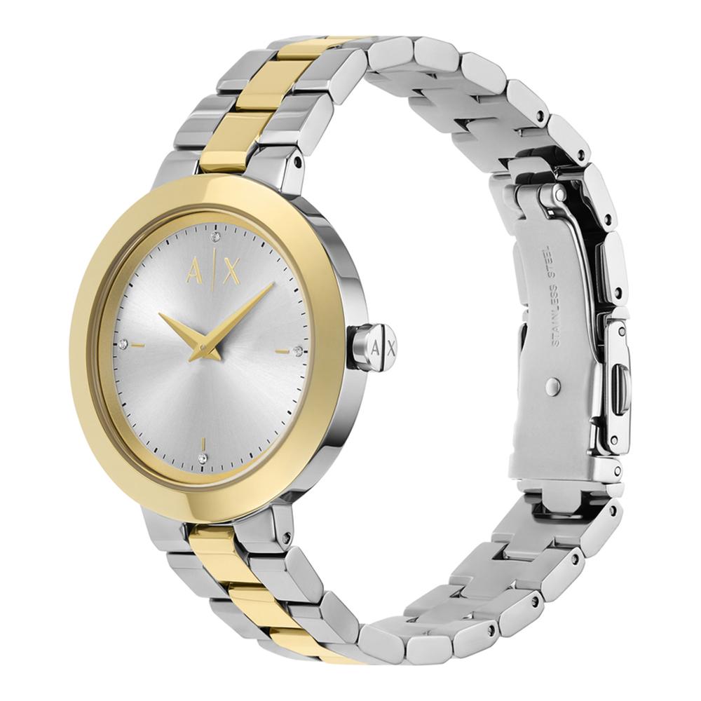 Side angle view of Armani Exchange Jackie AX5171 showing two-tone bracelet and case