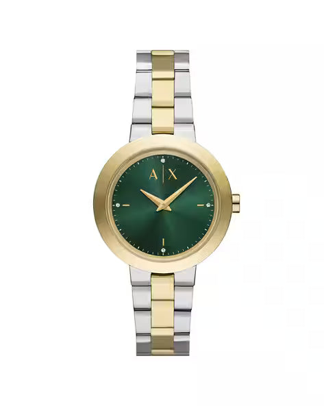 Armani Exchange Jackie quartz watch with green dial and gold and silver two-tone bracelet