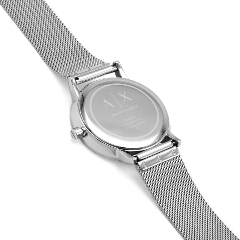 Side view of Armani Exchange AX5535 watch with silver mesh strap and round case