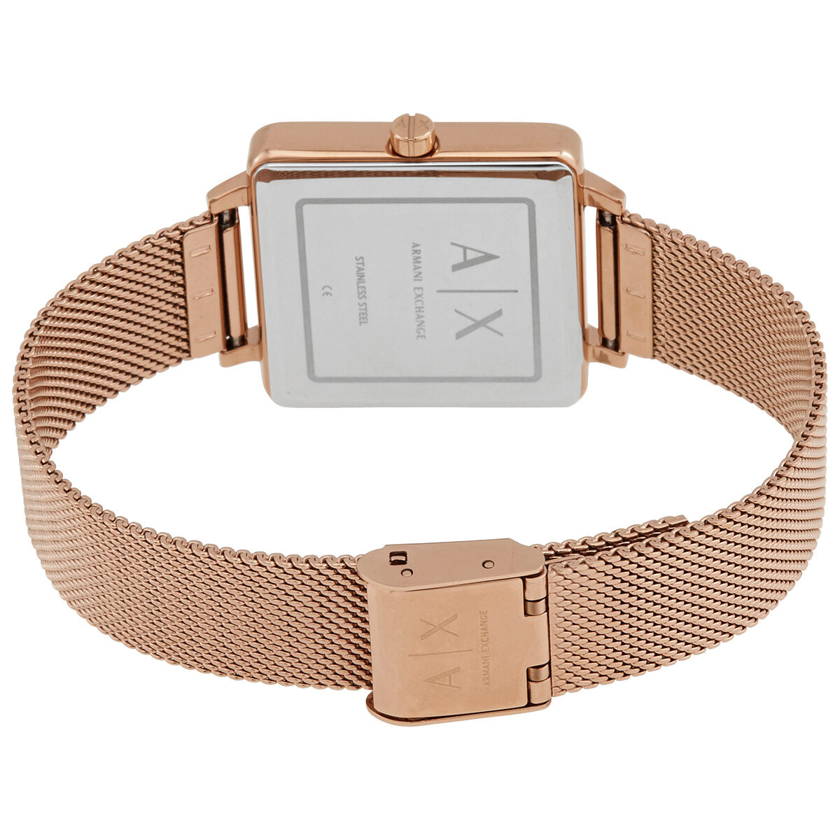 Armani Exchange Lola square watch worn on wrist with rose gold mesh band