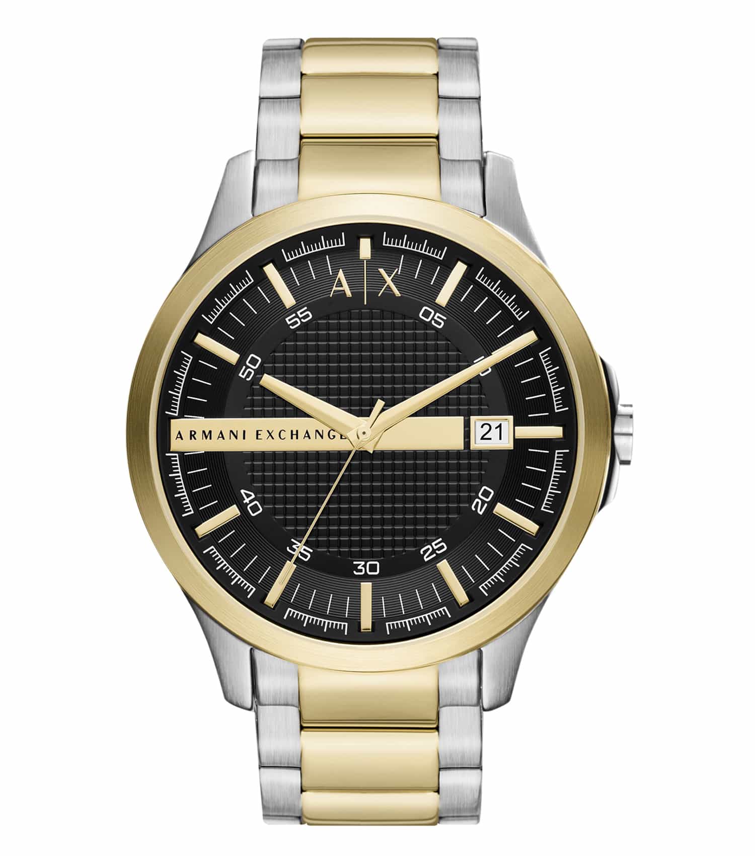 Armani Exchange Hampton AX2453 watch with black dial, date window, and two-tone stainless steel bracelet