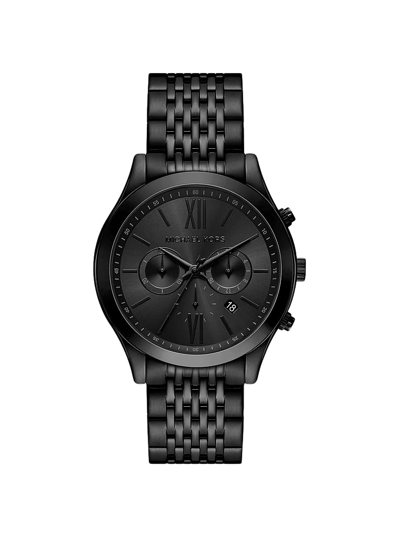 Oversized Aspyn black-tone chronograph watch with roman numeral dial and black-tone steel bracelet