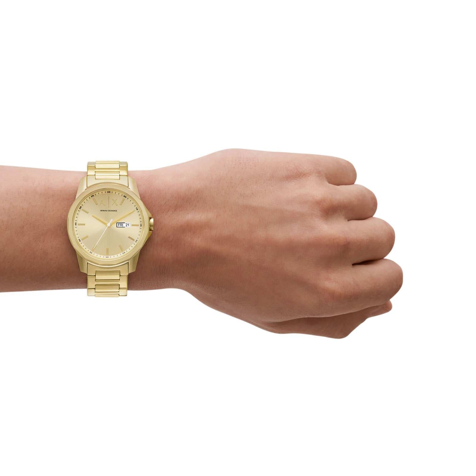 Armani Exchange Banks AX1734 gold watch worn on wrist showing full dial and bracelet