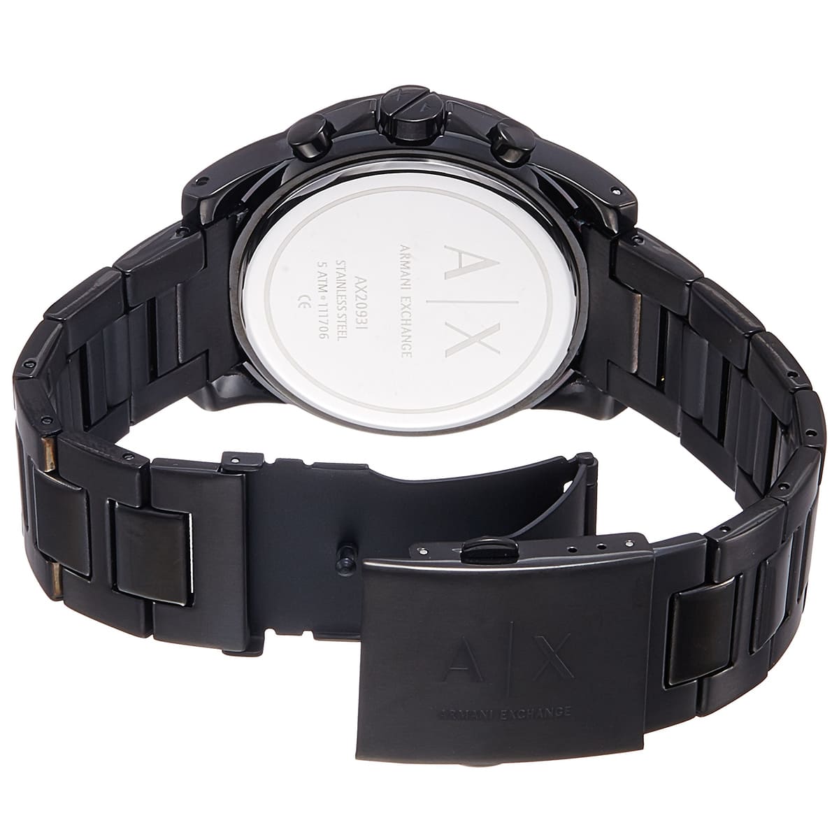 Caseback of AX2093 showing transparent display with engraved Armani Exchange logo