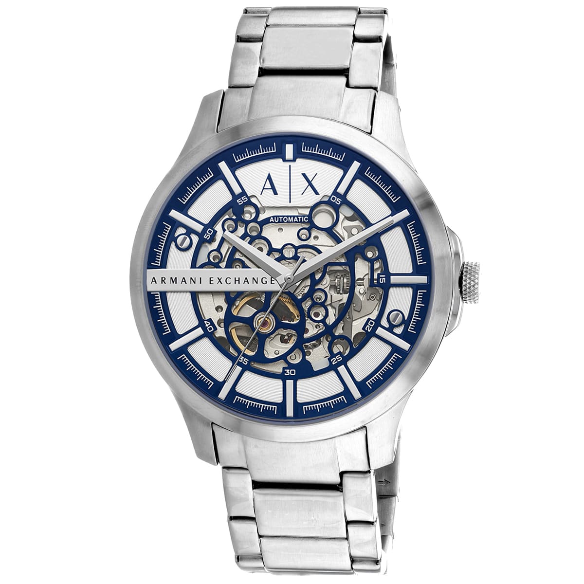 Armani Exchange Hampton skeleton watch angle view showcasing exposed movement and blue dial