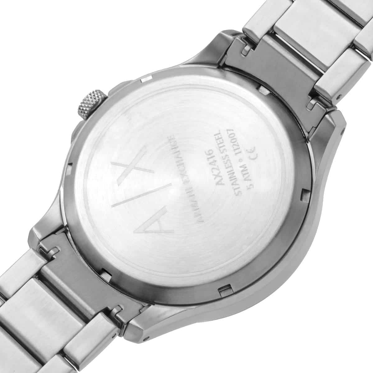 Armani Exchange Hampton caseback with engraved specifications and branding