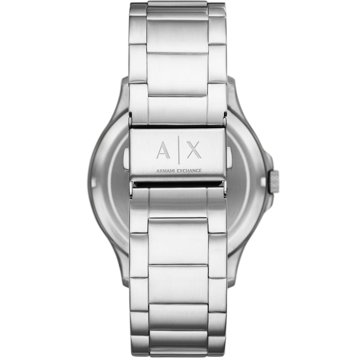 Armani Exchange Hampton caseback displaying AX branding and model information