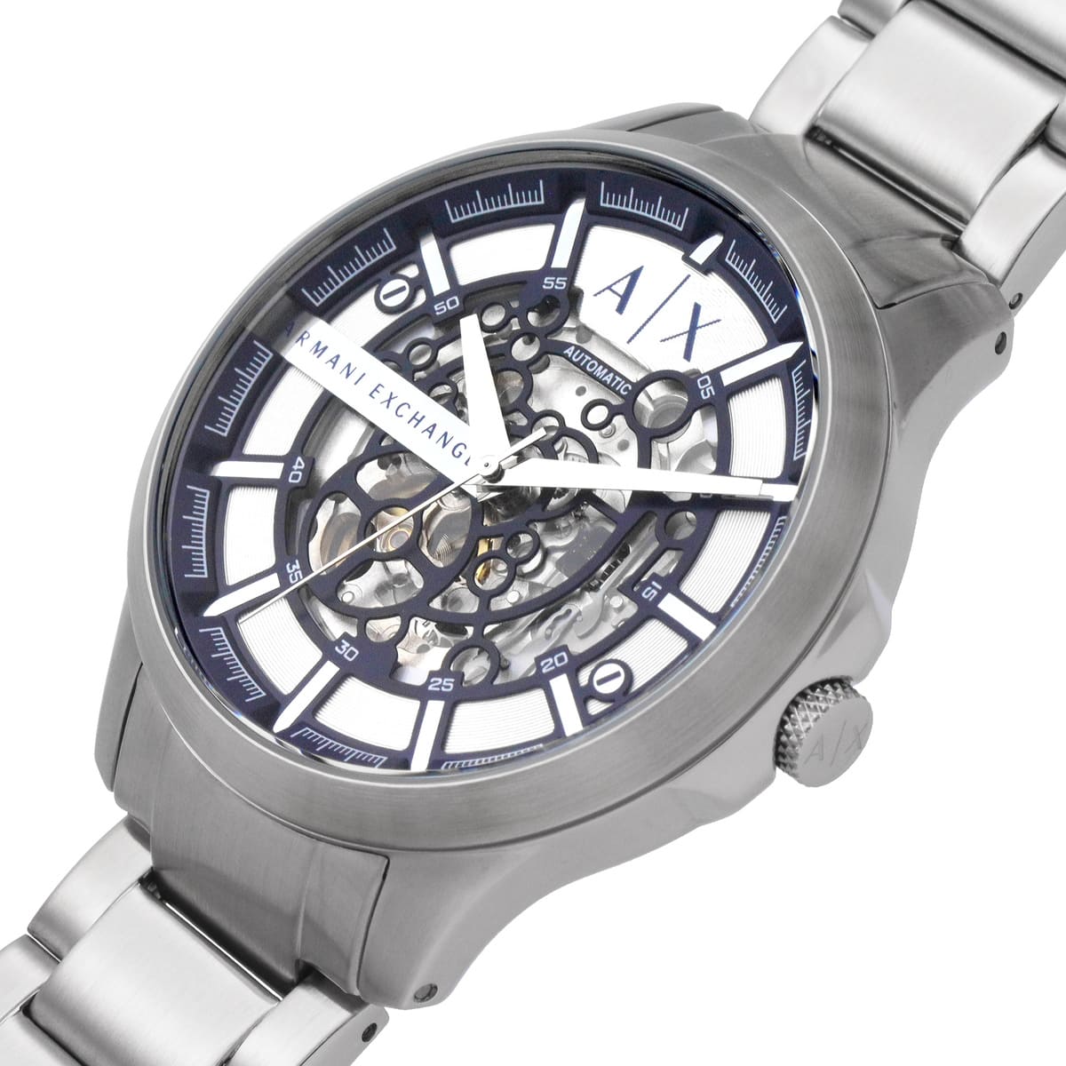 Close-up of Armani Exchange Hampton skeleton dial with visible gears and blue accents