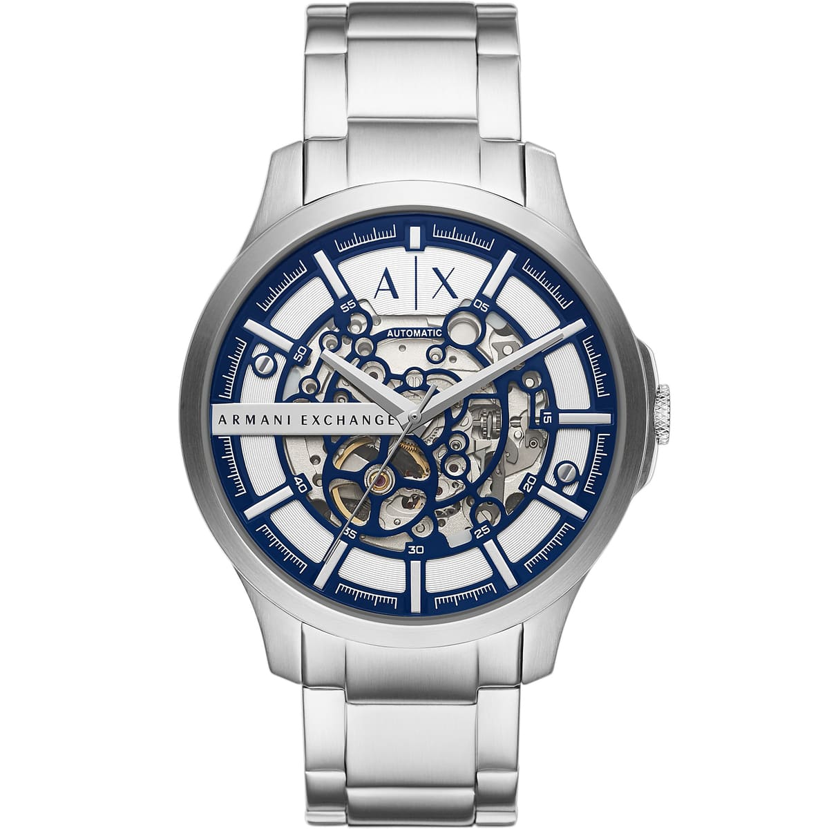 Armani Exchange Hampton automatic watch with skeleton blue and silver dial and stainless steel bracelet