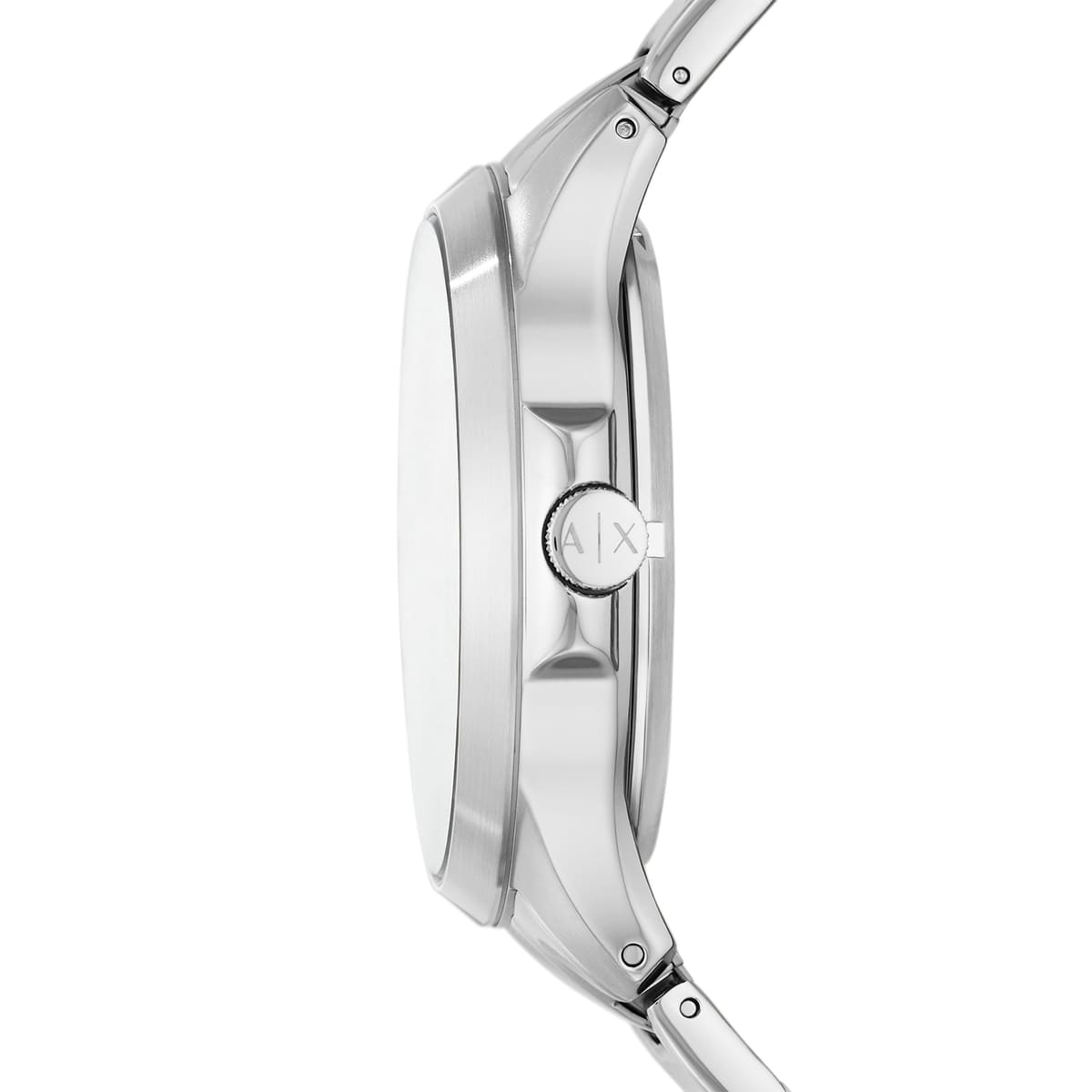 Side profile of Armani Exchange Hampton watch showing case depth and stainless steel bracelet