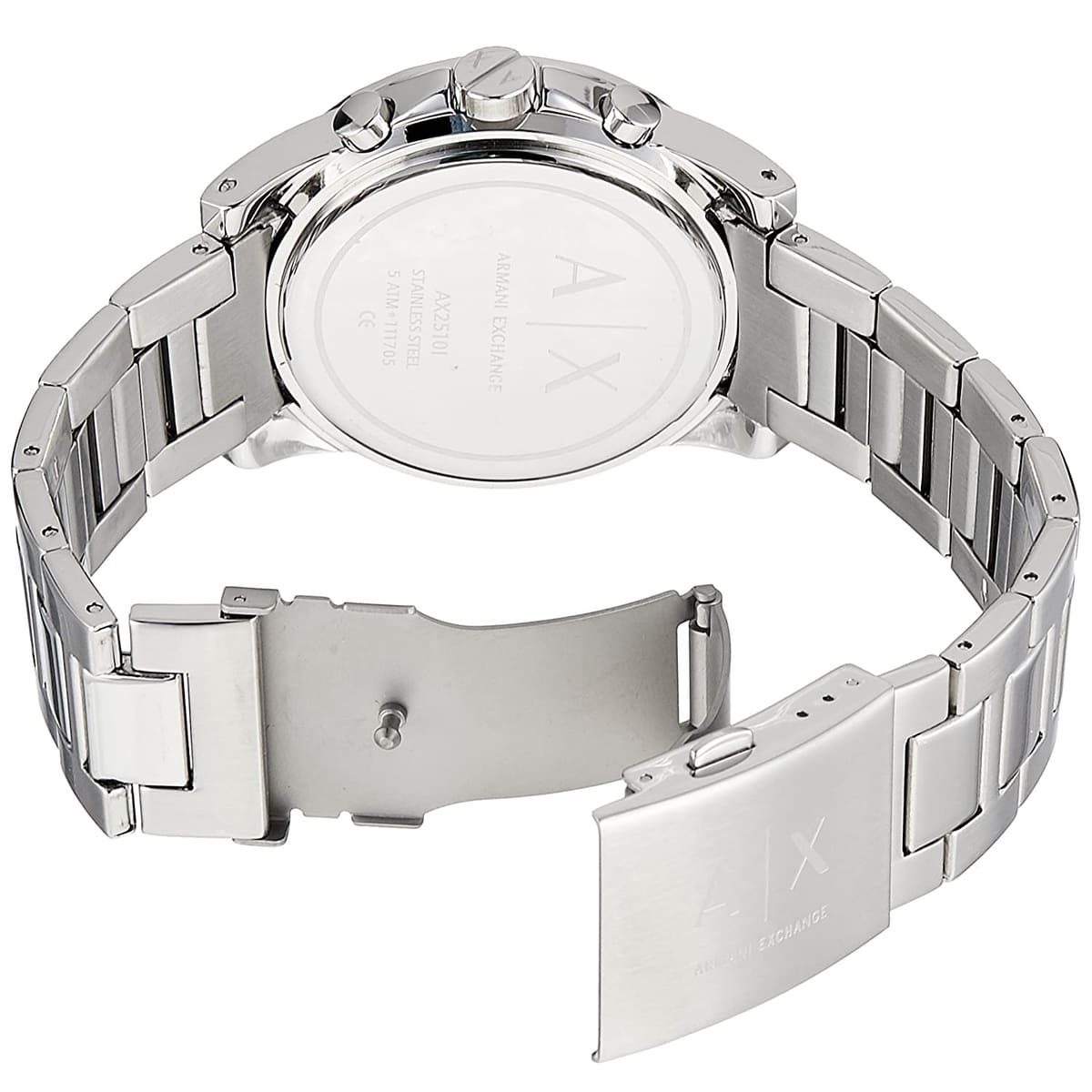 AX2510 Armani Exchange watch caseback showing stainless steel back and bracelet clasp