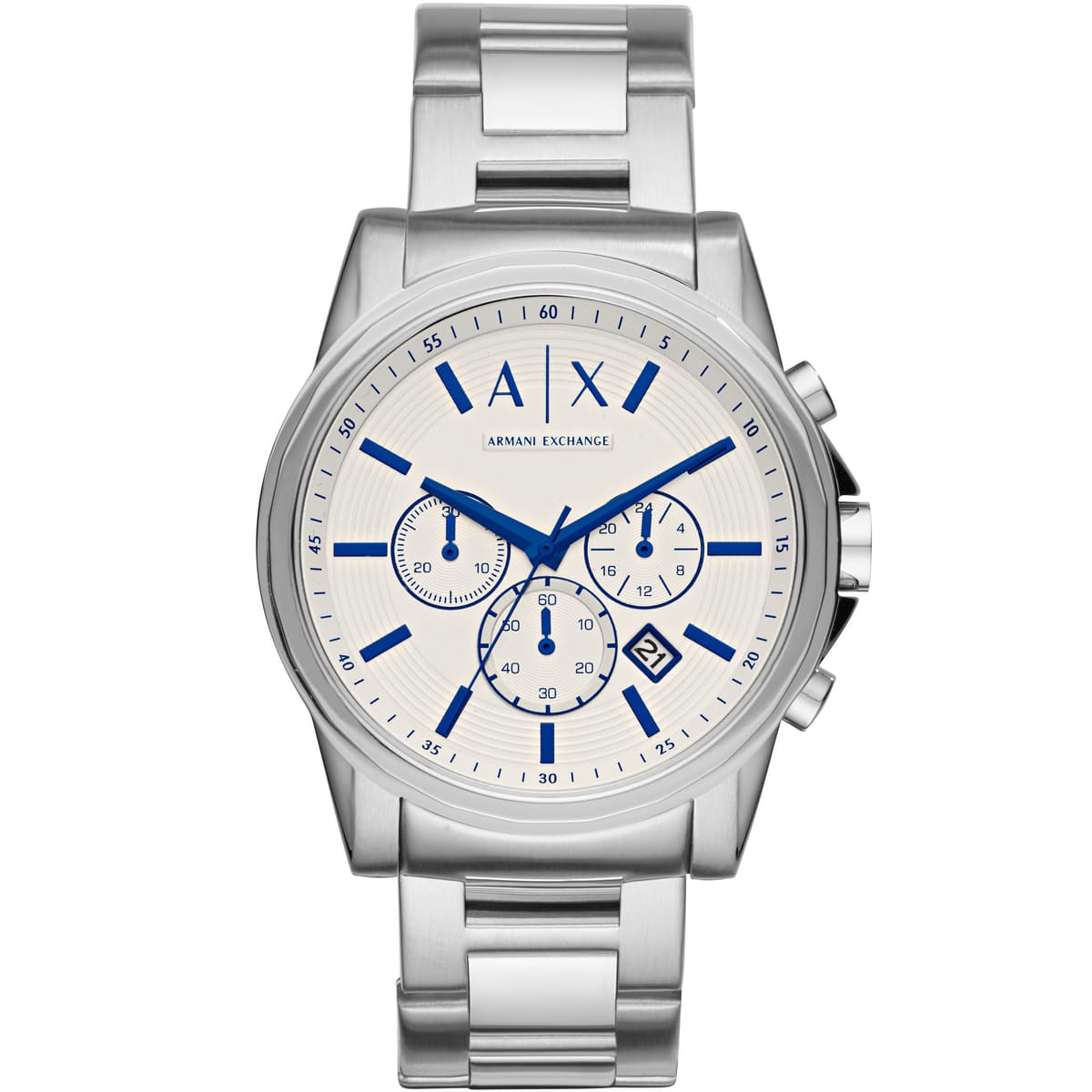 Armani Exchange CAYDE AX2510 white dial chronograph watch with blue hands and stainless steel strap