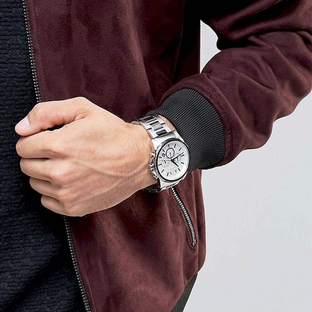 AX2510 Armani Exchange watch worn on wrist showing white dial with blue hands and chronograph subdials