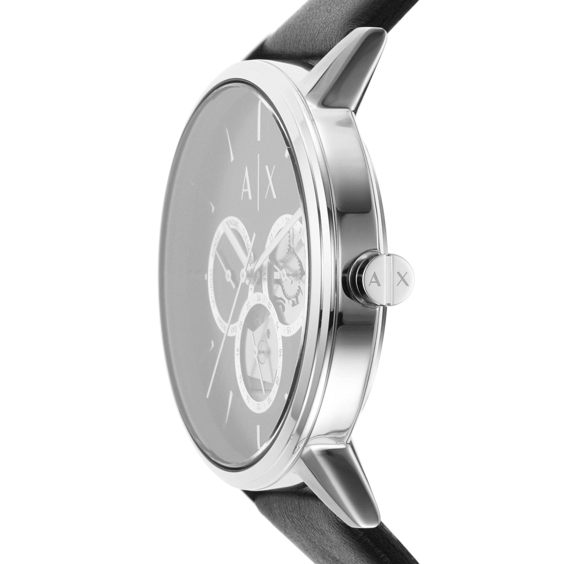 Side view of Armani Exchange Cayde multifunction watch showing silver-tone case profile