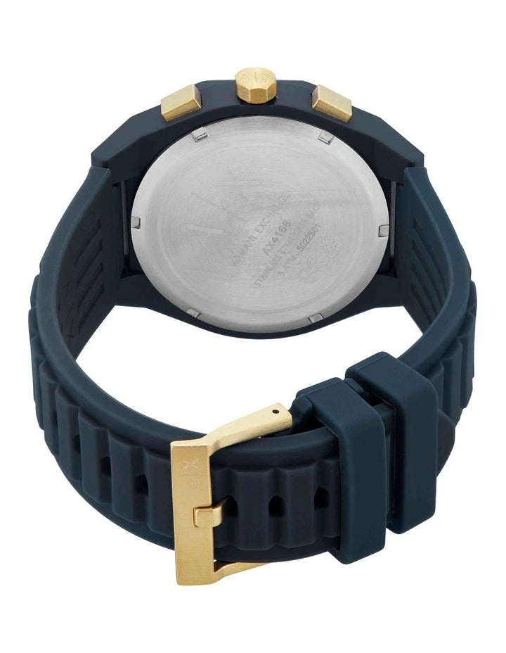 Armani Exchange AX4168 caseback with engraved detail and gold crown on blue silicone strap