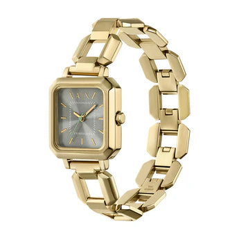 Armani Exchange AX5726 watch shown at angle displaying gold bracelet and grey dial