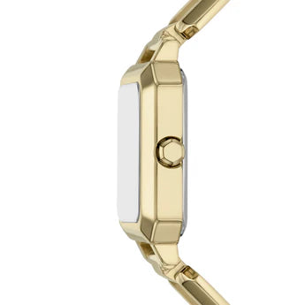 Angled view of Armani Exchange Leila AX5734 gold case and bracelet with crown detail