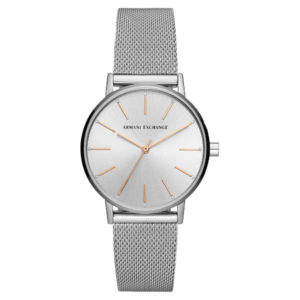 Armani Exchange AX7112 silver mesh watch with silver dial and rose gold hands