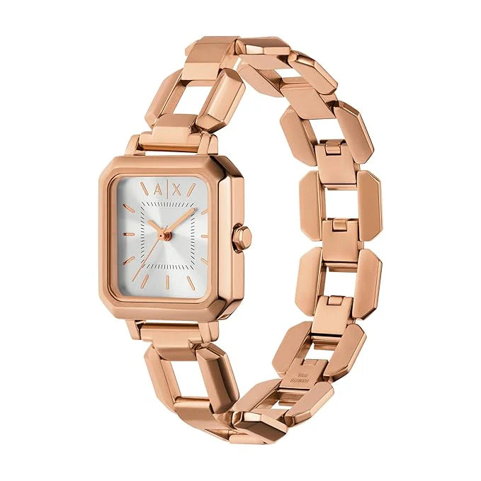 Armani Exchange AX7167 rose gold watch angled view showing square case and metal bracelet
