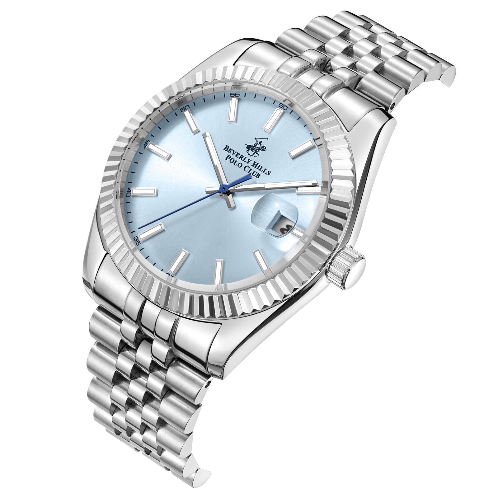 Silver bracelet and sky blue dial of Beverly Hills Polo Club watch at three-quarter angle