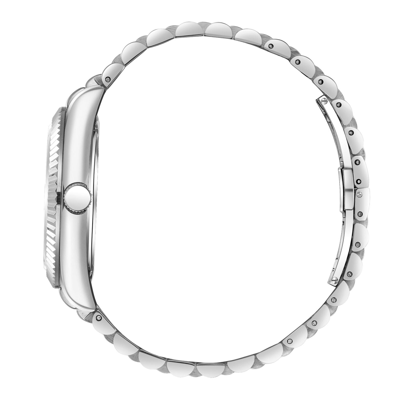 Side view of silver stainless steel bracelet and fluted bezel on Beverly Hills Polo Club watch