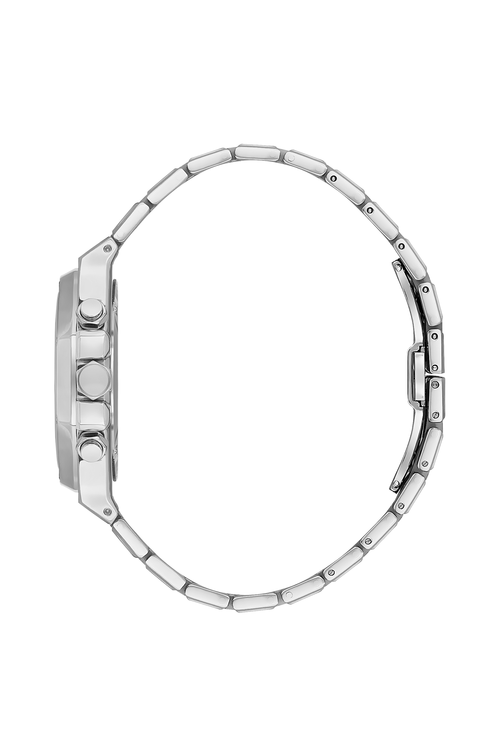 Side profile view of watch showing silver metal link bracelet and case thickness