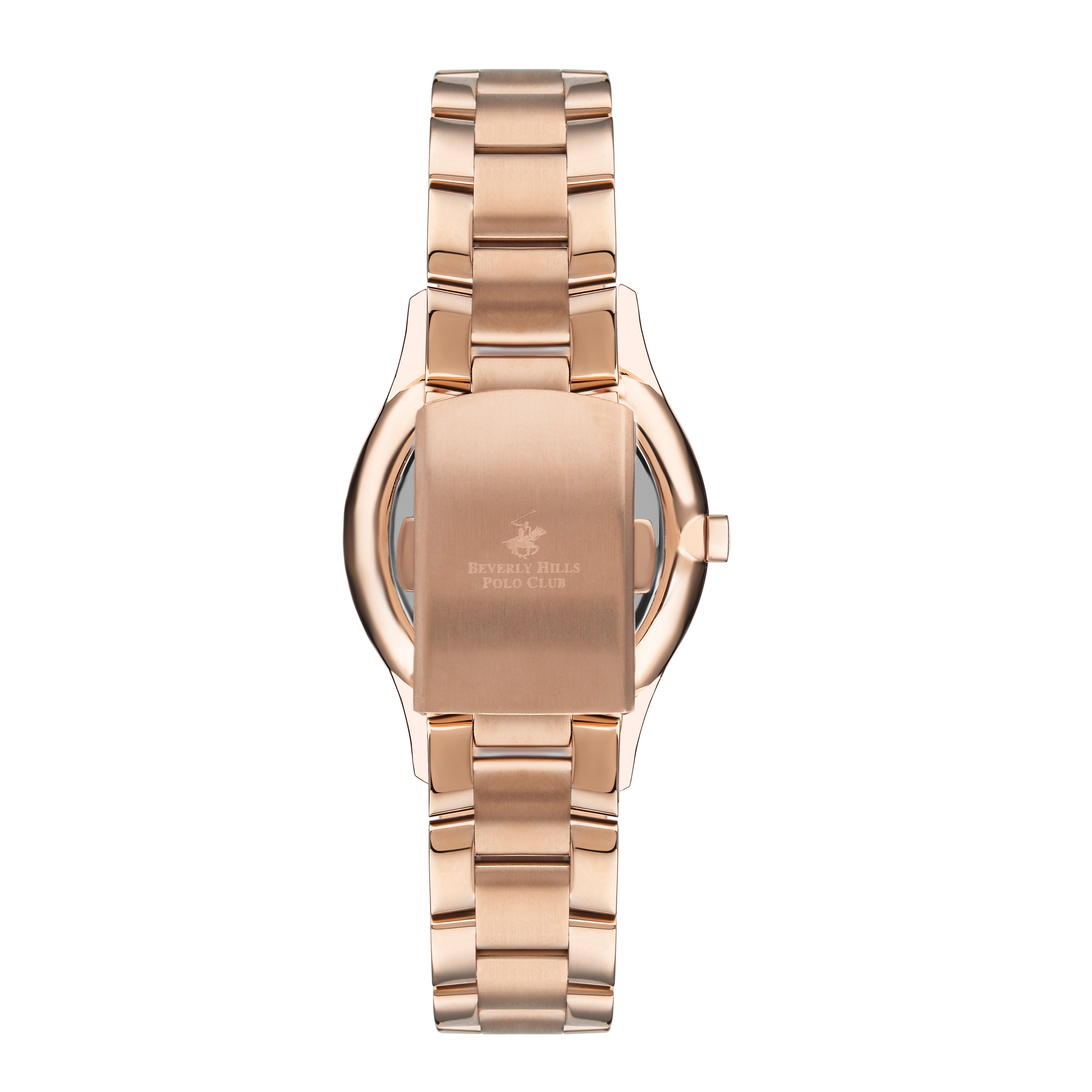 Caseback view of rose gold Beverly Hills Polo Club watch with metal bracelet