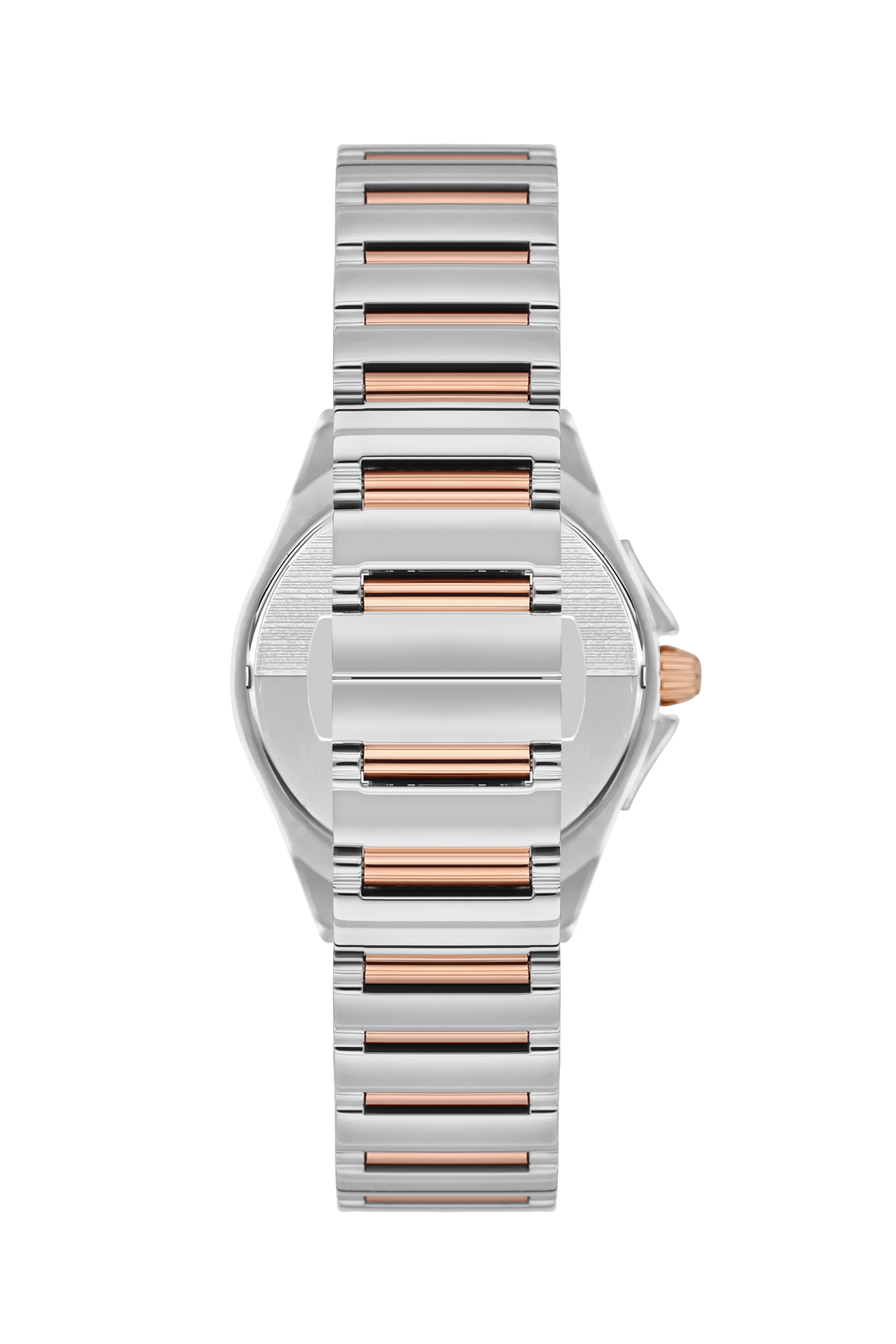 Back view of women's two-tone diamond watch with silver and rose gold stainless steel bracelet