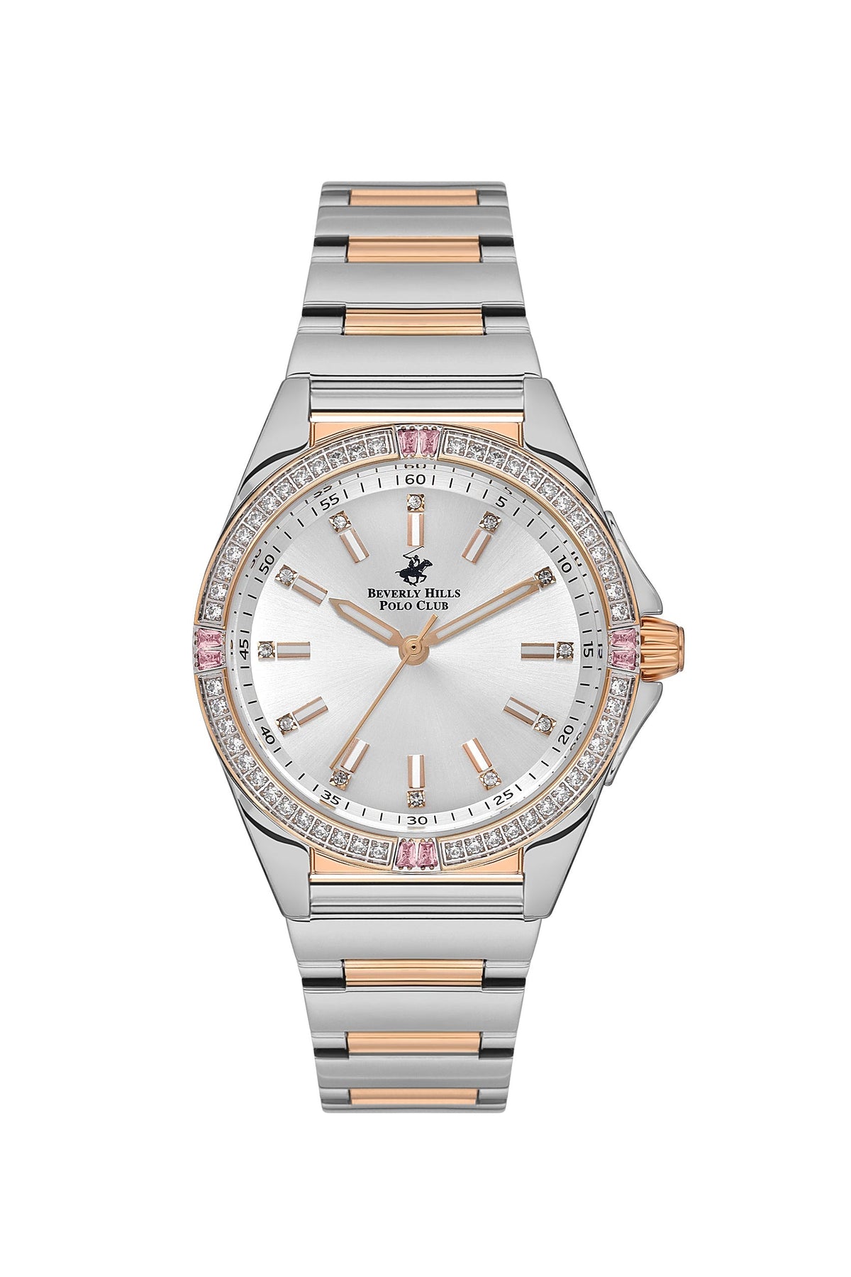 Beverly Hills Polo Club women's two-tone stainless steel quartz watch with diamond bezel and silver dial
