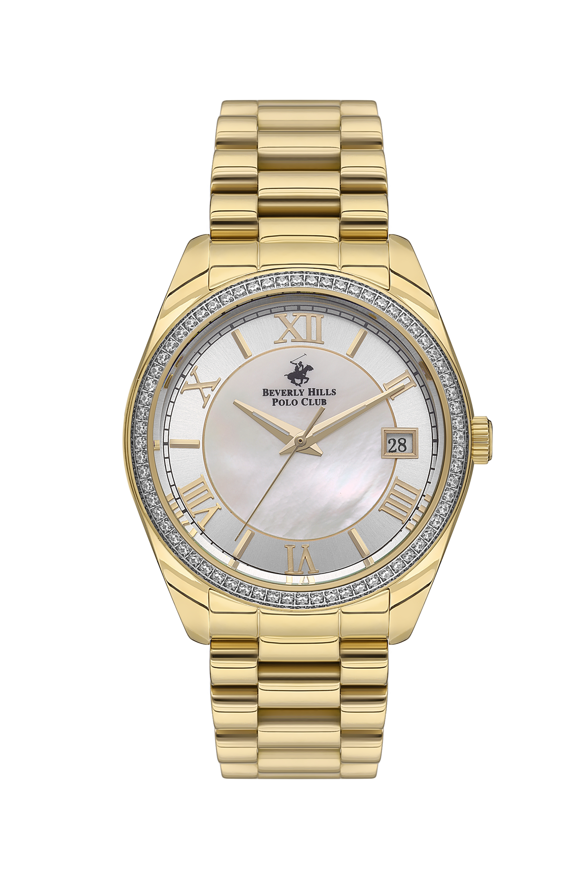 Beverly Hills Polo Club 36mm gold watch with mother of pearl dial and crystal bezel