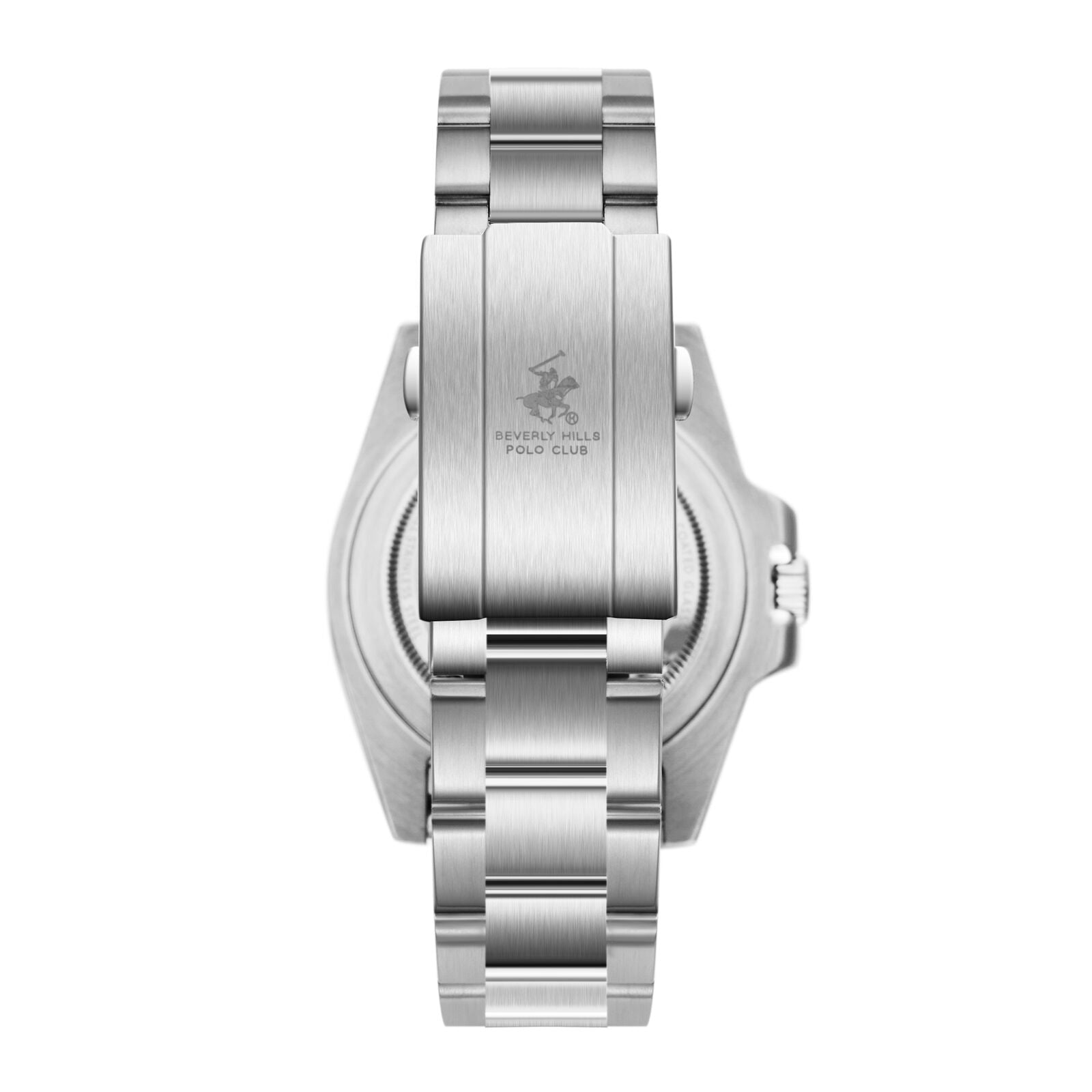 Back of Beverly Hills Polo Club watch showing stainless steel caseback with engraved branding