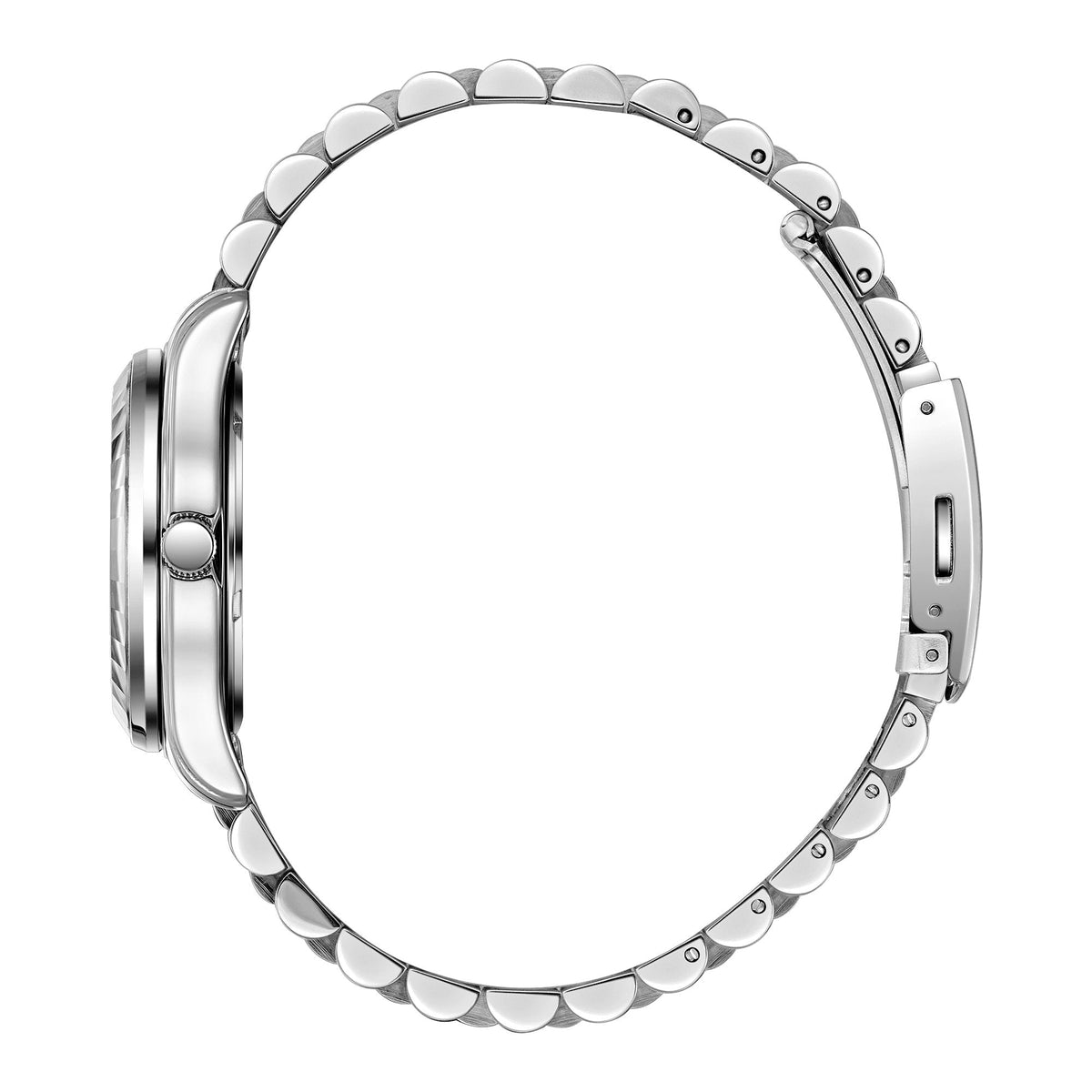 Beverly Hills Polo Club BP3808C.390 watch side profile showing silver tone case and link bracelet