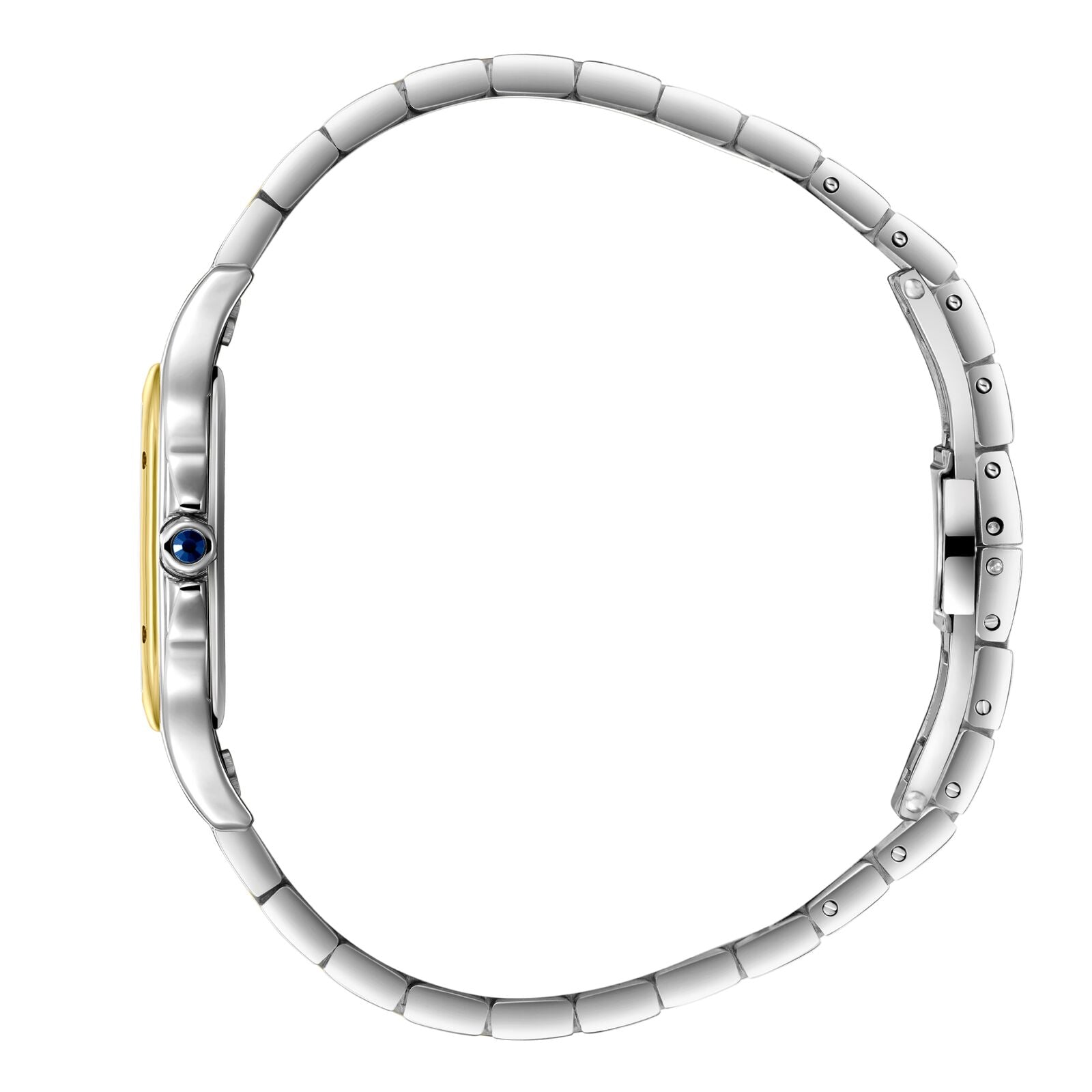 Side view of two-tone square watch showing stainless steel and gold-tone bracelet