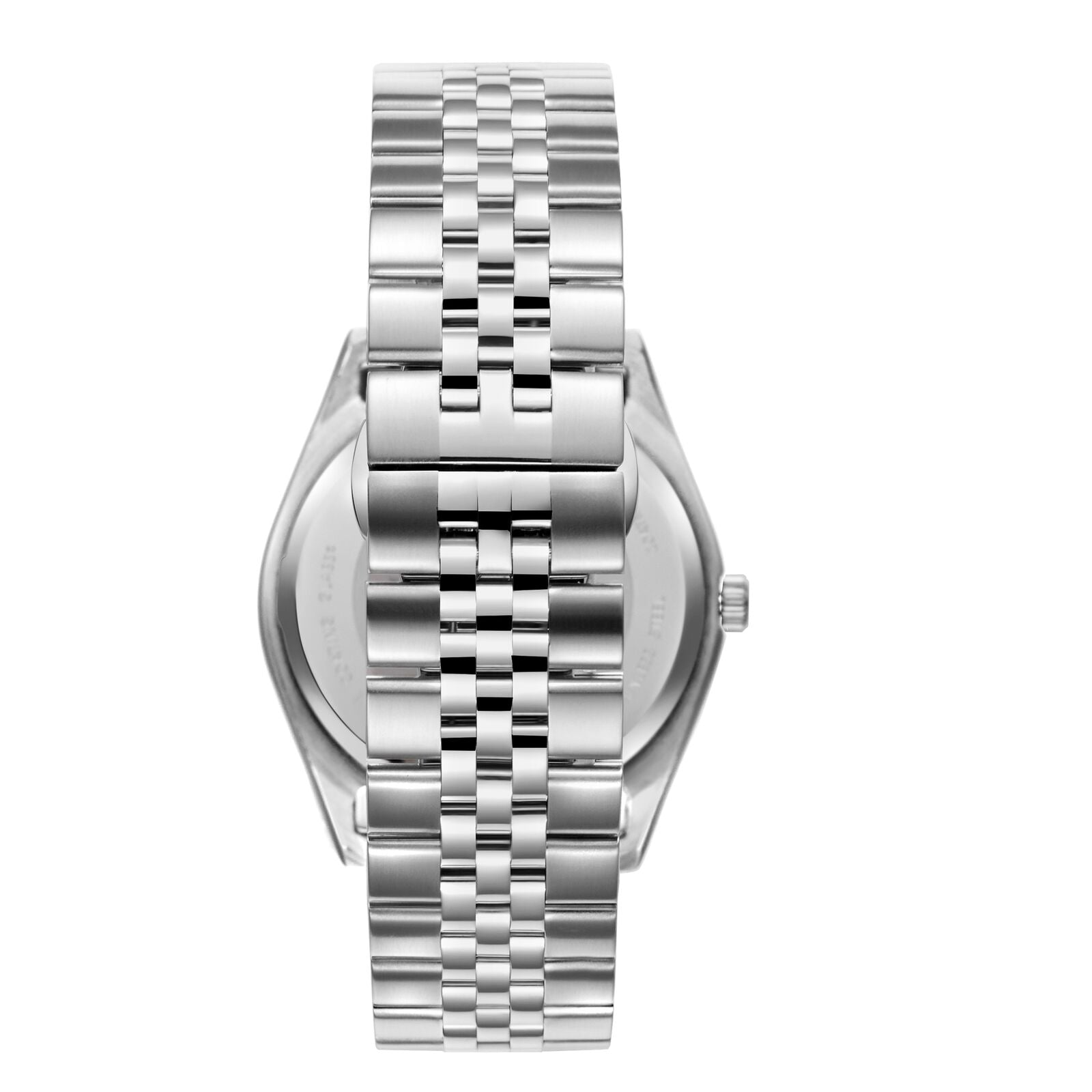 Caseback view of Slim Tech 5 watch showing silver case and bracelet