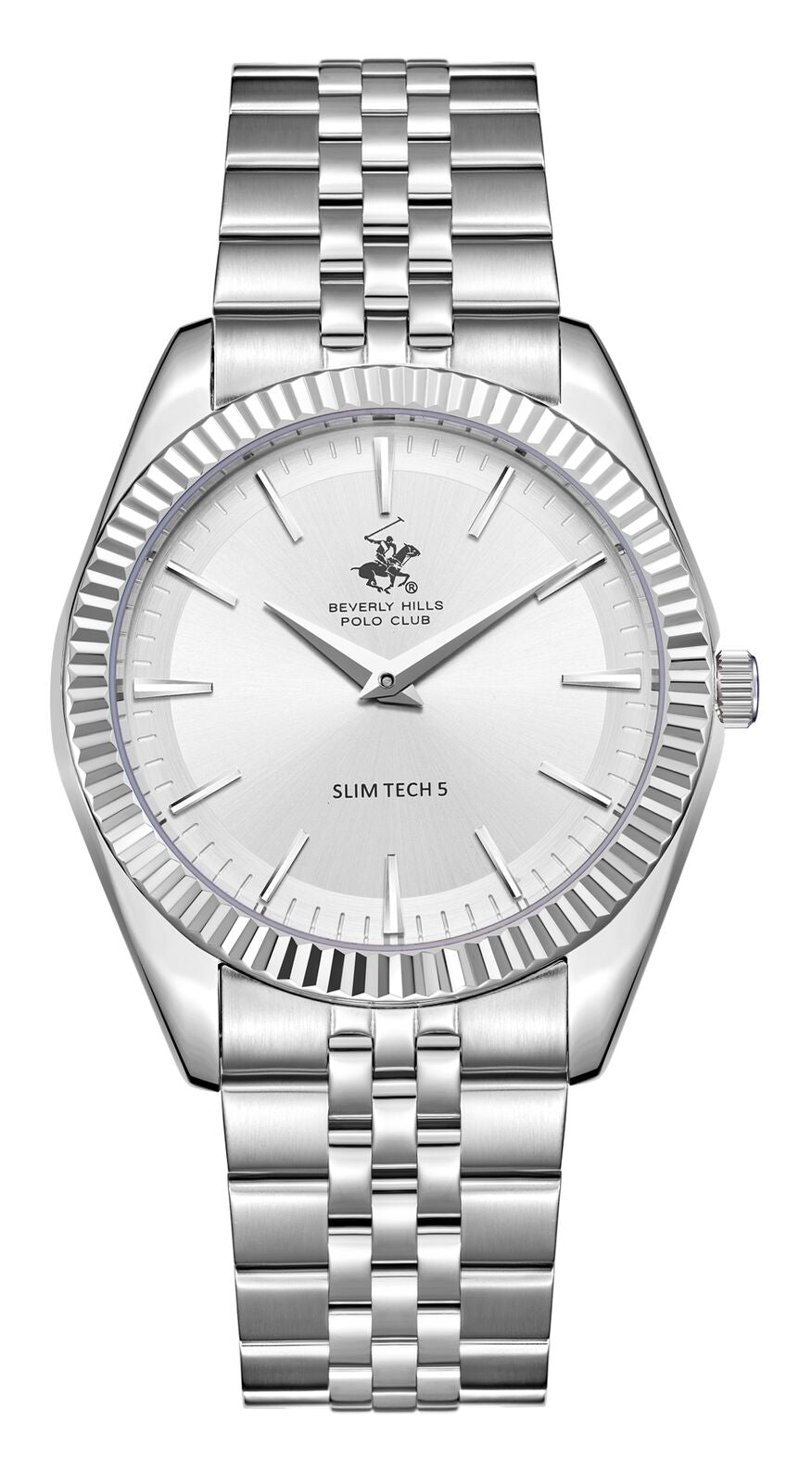 Beverly Hills Polo Club Slim Tech 5 all-silver men's watch with white dial and textured bezel